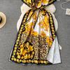 Summer Runway Baroque Leopard Dress Women Batwing Sleeve V Neck Golden Flower Print Bandage Lace Up Belt Loose Maxi Robe