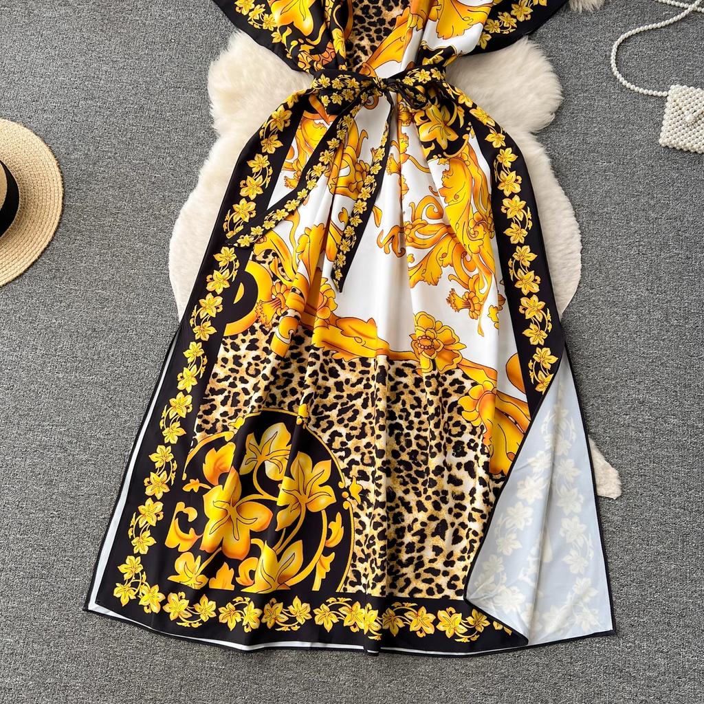 Summer Runway Baroque Leopard Dress Women Batwing Sleeve V Neck Golden Flower Print Bandage Lace Up Belt Loose Maxi Robe