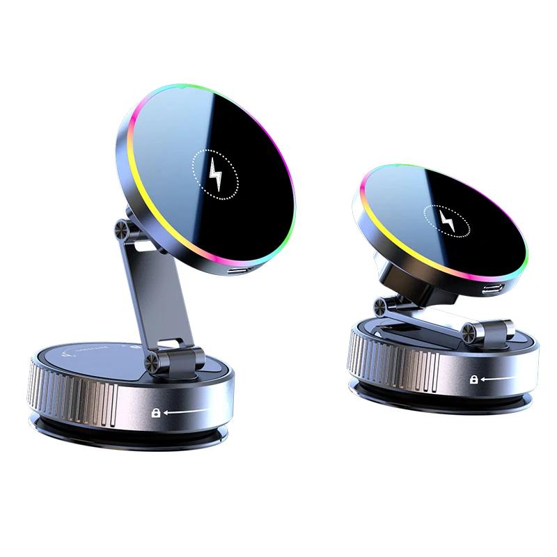15 Вт Автомобильное беспроводное зарядное устройство Охлаждающий магнитный автомобильный держатель для телефона Крепление Быстрая зарядка Вращающийся на 360 градусов для iPhone 17 Pro Присоска Вакуумный Складной