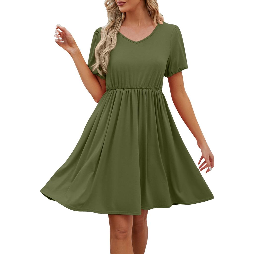 Women's Solid Colour V-Neck Puffy Sleeve Pleated Big Hem Dress Fashion Dresses
