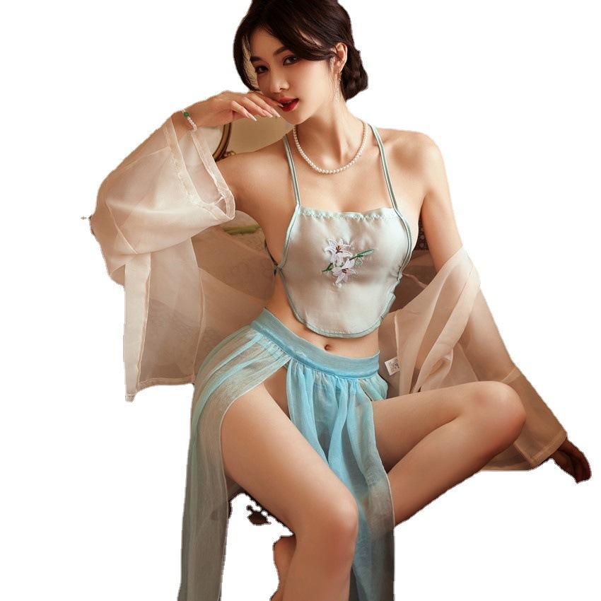 Classical belly pocket chiffon perspective uniform temptation sex suit hot pure desire light yarn antique embroidery sex pajamas
