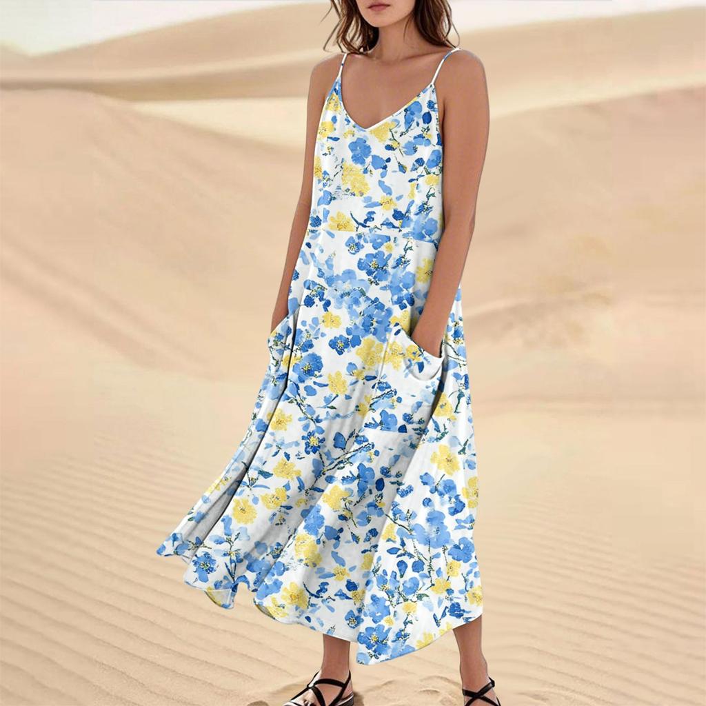 Женское модное повседневное длинное пляжное платье без рукавов с карманом и цветочным принтом