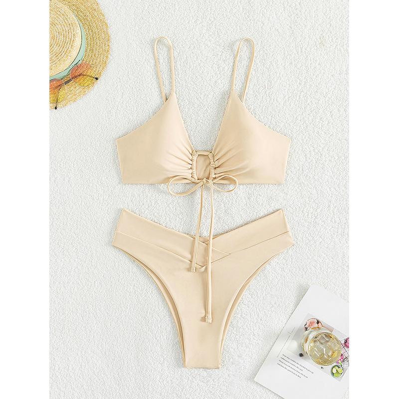 Однотонный комплект бикини, купальник с высокой талией, женский купальник с эффектом пуш-ап, купальный костюм, женский купальный костюм из двух предметов