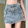 Ретро-дизайн, джинсовая юбка с высокой талией, женская летняя короткая юбка трапециевидной формы для похудения с запахом и ягодицами
