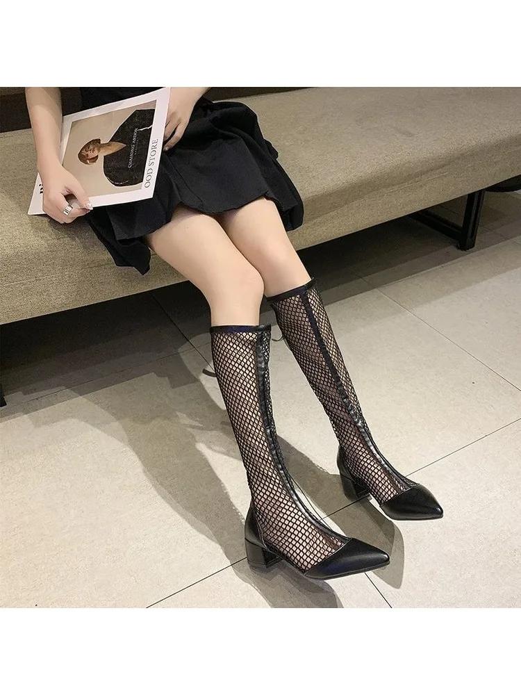 Модные тонкие сетчатые ботинки Мартин для женщин, на толстом каблуке, дышащие сетчатые полые короткие ботинки, лето 2025, новые сандалии на толстой подошве и высоком каблуке