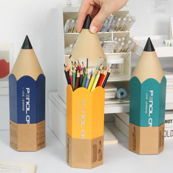 Pen Holder with Dustproof Lid Pencil Shape Large Capacity Student Classroom School Desktop Pen Makeup Brush Storage Organizer Container