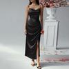 Women's Satin Bodycon Dress Spaghetti Strap Side Slip Long Dress Cowl Neck Sexy Club Midi Dresses for Evening Birthday Party Weddings