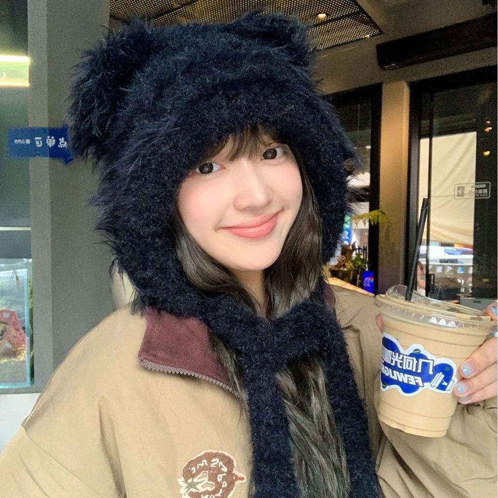 Осенне-зимняя новая женская вязаная шапка с милым плюшевым медведем, утолщенная теплая и морозостойкая шерстяная шапка, повседневная шапка