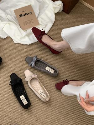 Французские ретро атласные туфли с квадратным носком, женские, весна-лето 2025, новые, с открытым верхом, с бантом, вечерние, на толстом каблуке, балетки