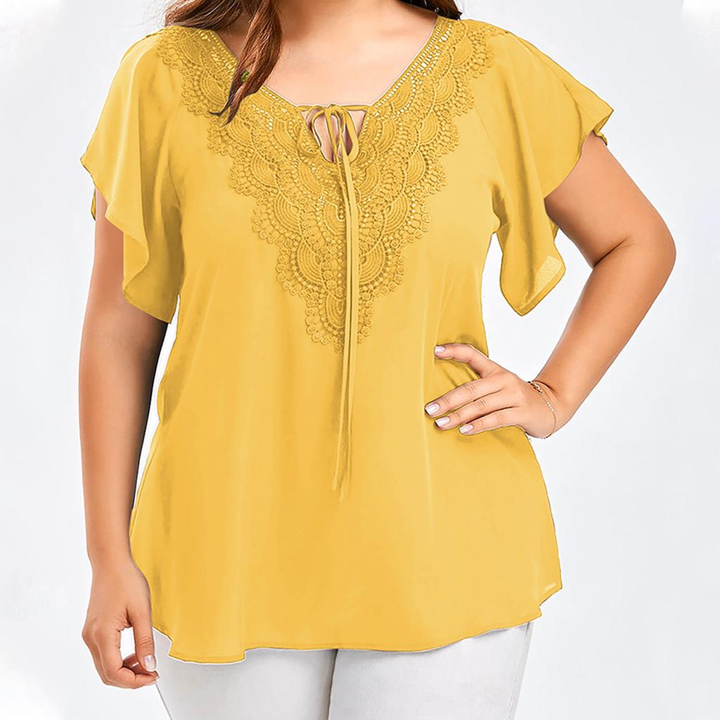 Women Fashion Plus Size Lace T-Shirt Blouse  Short Sleeve Tops