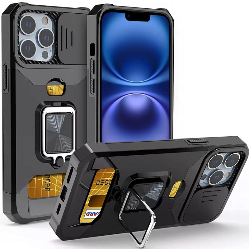 Ударопрочный тяжелый жесткий чехол с металлической подставкой и слотом для карт для iPhone 16 Pro Max 15 Pro Max 14 Pro Max