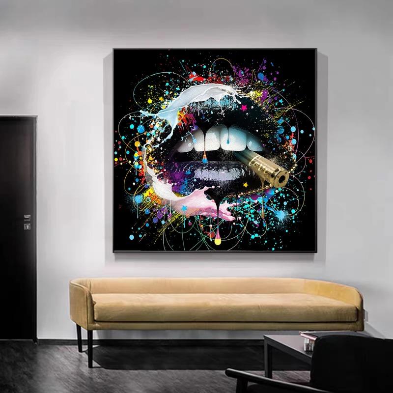 Картина на холсте Граффити Искусство Кусающий Рот Пуля Абстрактные Креативные Постеры и Принты Настенная Картина для Гостиной Домашний Декор