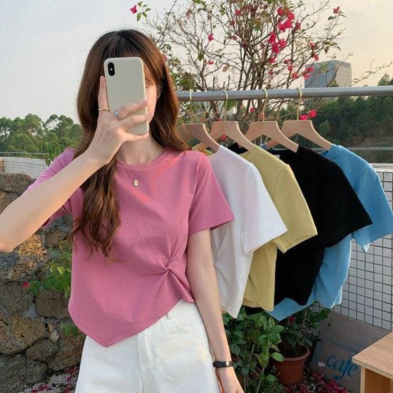 Женская футболка с нерегулярным подолом, сплошной цвет, декор с узлом, круглая шея, короткая