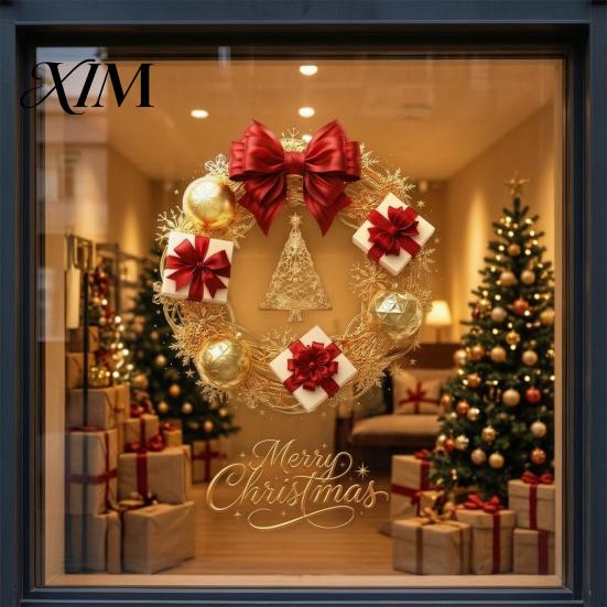 Removable Holiday Decals Christmas Wreath Static Window Sticker, Decorative for Glass Doors And Windows, Xmas Decorations PVC Wall Cling Home