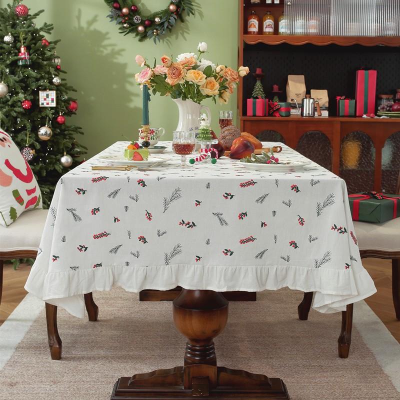 Cotton Embroidered Christmas Tablecloth INS Ruffle Table Cover Dining Room Coffee