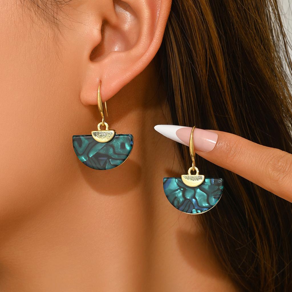 Retro Fan Semi-Round Gemstone Stud Earrings Women European American Niche Daily Party Jewelry Gift