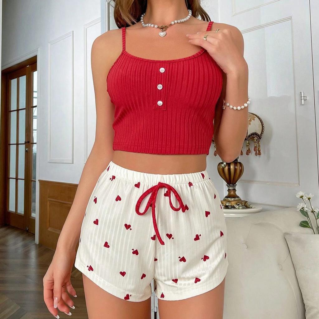 2025 Summer Heart Print Pajamas Set for Women Homewear Sexy Sling Crop Tops and Shorts 2 Pieces Suit Red Black Short Pijamas Sleepwear Loungewear