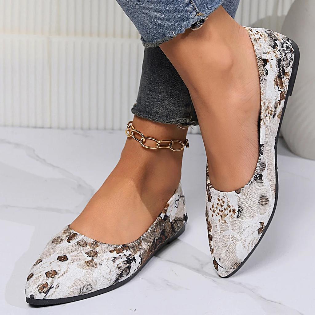 Fashion Ladies Shoes 2024 Brand Shoes Shallow Women's Flats Fashion Slip-on Printing Beanie Flat Shoes Sexy Pointed Toe Flat Low Heels