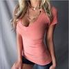Spring Summer Autumn Solid Color Short Sleeved V-Neck Simple T-Shirt Slim Fit Sexy Temperament Fashionable Top Women'S Clothing