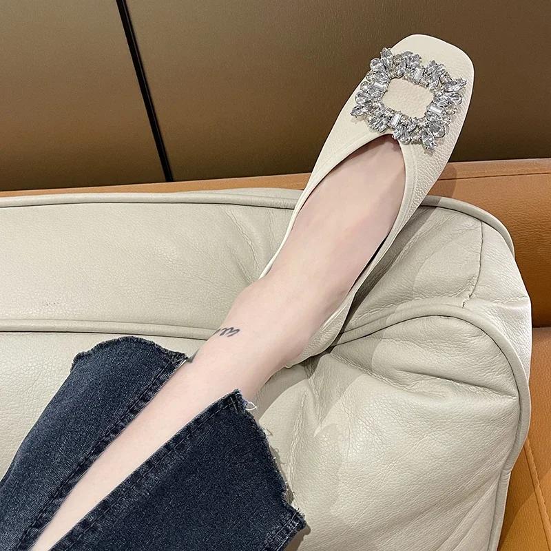 Женская обувь больших размеров, туфли-лодочки с квадратным носком, новые весенние женские туфли без шнуровки со стразами и пряжкой на плоской подошве, женская повседневная обувь для офисной работы