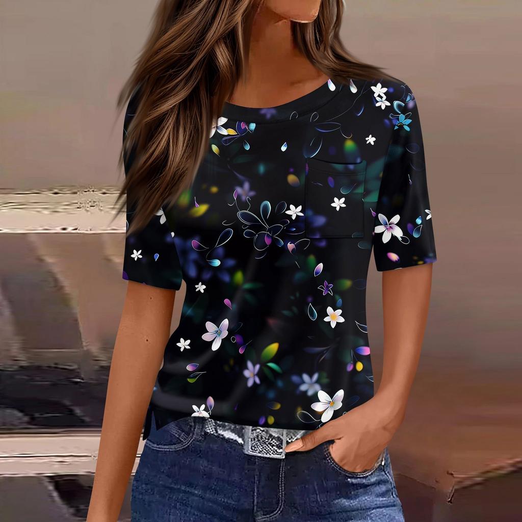 T Shirts For Women Round Neck Dressy Casual Blouses Printing Short Sleeve Summer Tops Loose Fit