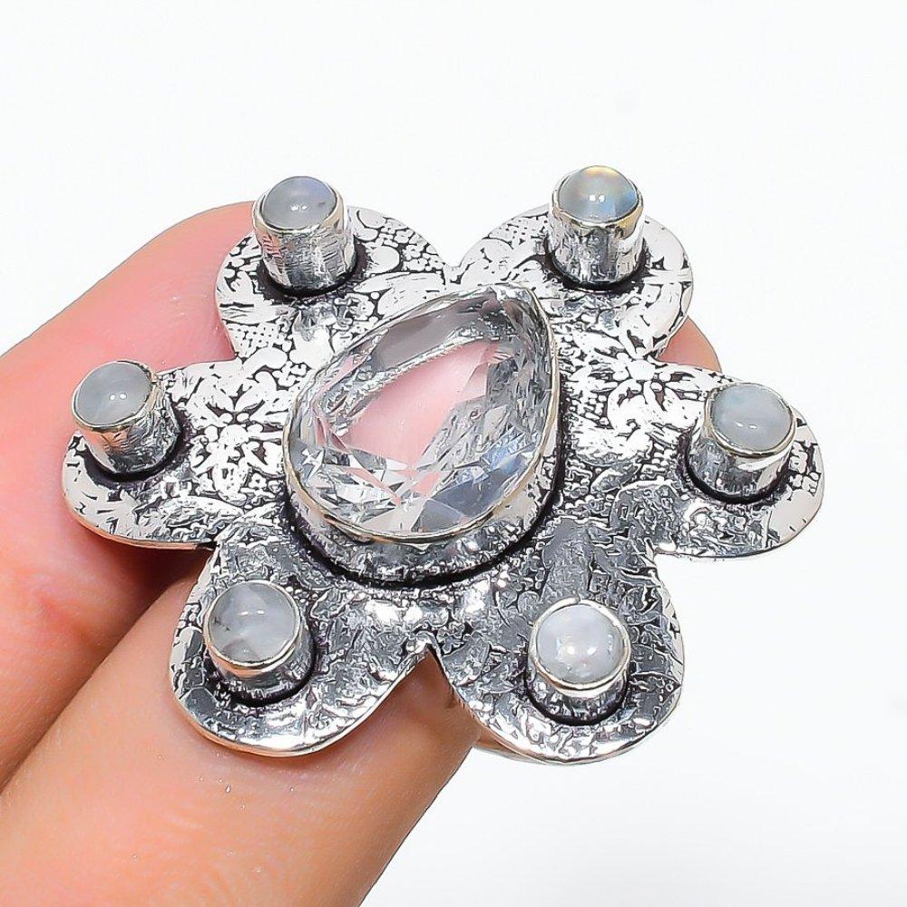 Кольцо из серебра 925 пробы с натуральным радужным лунным камнем, топазом, размер 7 U2f47