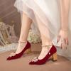 Fashion Red Pearl Bowknot Wedding Party Shoes for Women String Bead Thin Heels Pumps Ladies Ankle Strap Pointed Toe High Heels Shoes