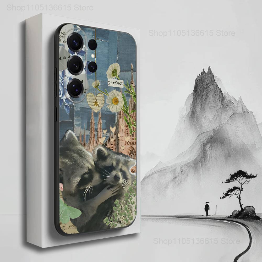 Cute Raccoon Animal Phone Case For Samsung S25,S24,S23,S22,S21,S20,S10,Ultra,Plus,Lite,FE,Soft Silicone Black Cover