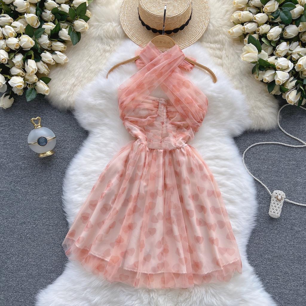 Women's Summer Pink Sweet Dress Mesh Party Mini Cute Dresses