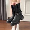 Cowhide Version Wasteland Wind Thick-soled Martin Boots Women's Round Head Autumn and Winter New Knight Boots Retro Belt Buckle Locomotive Short Boots
