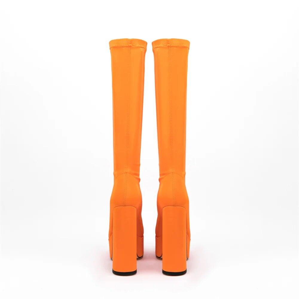 Patent Pu Leather Women Knee High Boots Platform Super Square High Heel Women Motorcycle Boots Zipper Round Toe Woman'S Boots 39