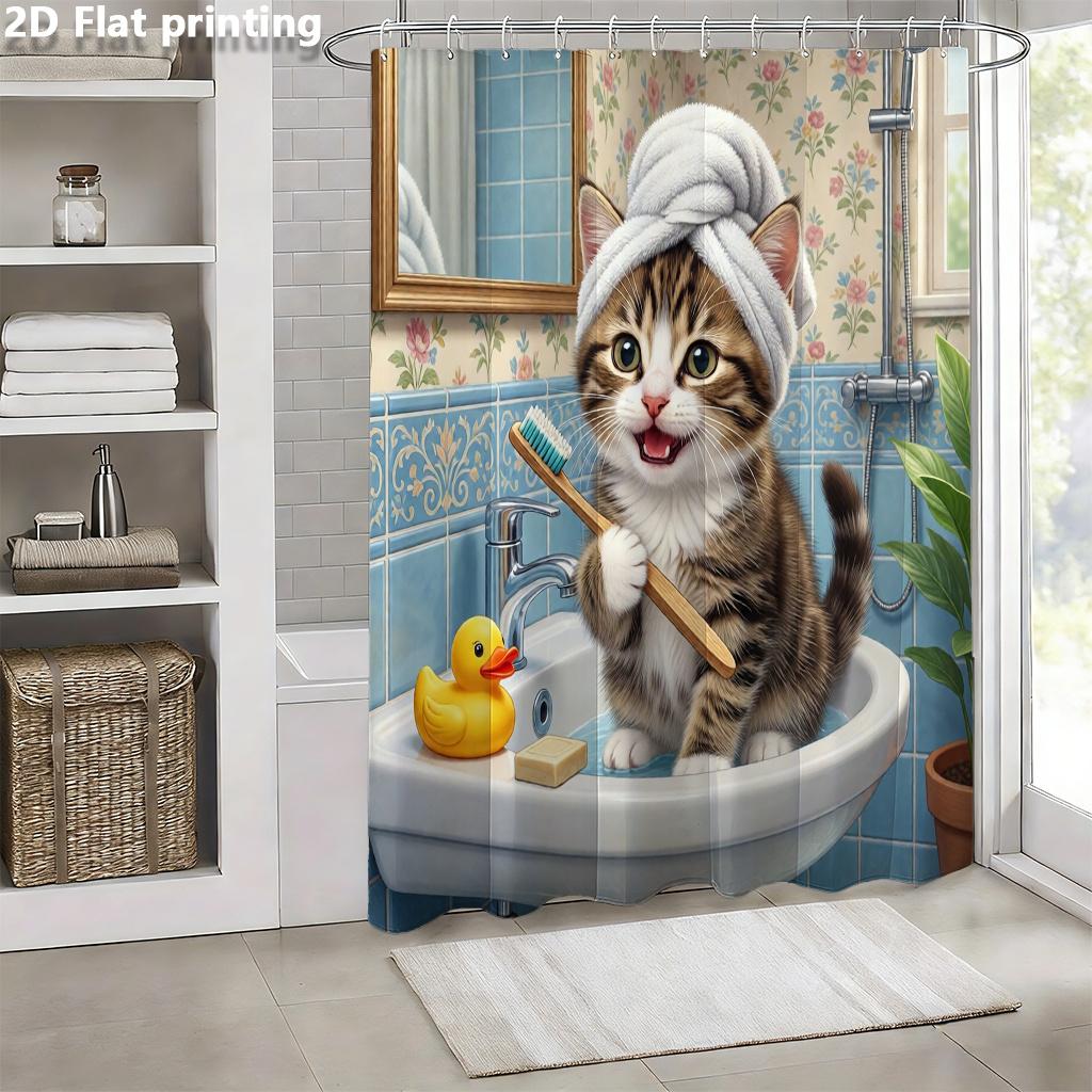 1 шт. Занавеска для душа с рисунком смешного кота, водонепроницаемая, современная, полиэстер, перегородка для ванной комнаты, 12 крючков