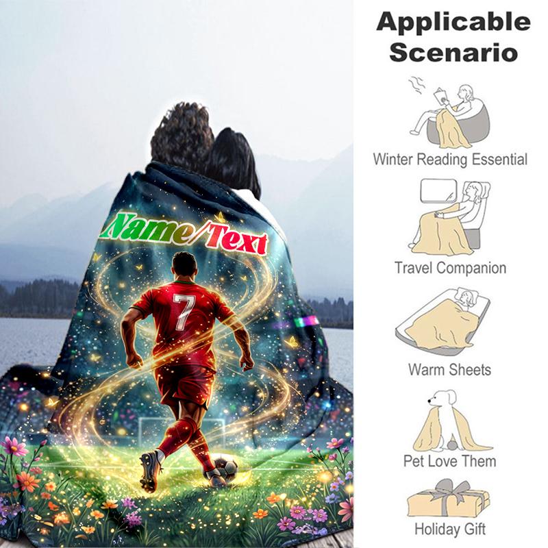 1PC Custom Name Soccer Star Action outdooor Flannel blankets Throw Blanket All-Season Throw Gift Bedspread for Couch, Bed, Camping Holiday Birthday gi