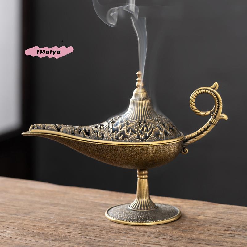 M-1pcs Antique Style Aladdin Lamp Metal Incense Burner Scented Unscented Candle Holder Home Decor Gift Arabic Incense Burner 7