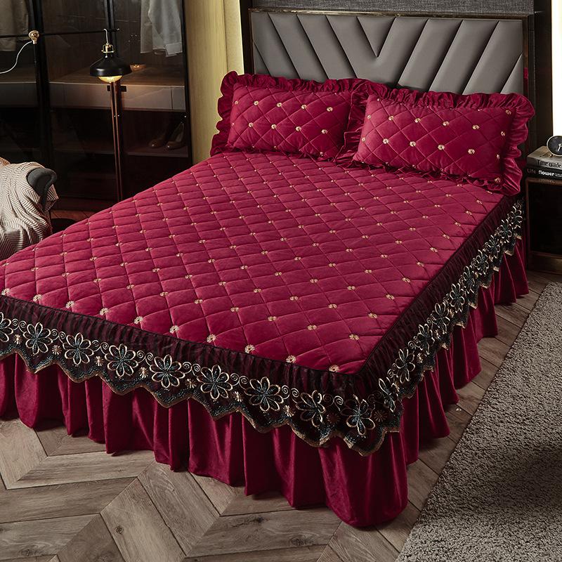 Роскошная утолщенная бархатная стеганая юбка-кровать, вышитое покрывало, мягкая короткая плюшевая простыня королевского размера, не включая наволочку