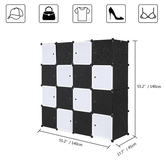 16 Cube Organizer Stackable Plastic Cube Storage Shelves Design Multifunctional Modular Closet Cabinet with Hanging Rod Black and White