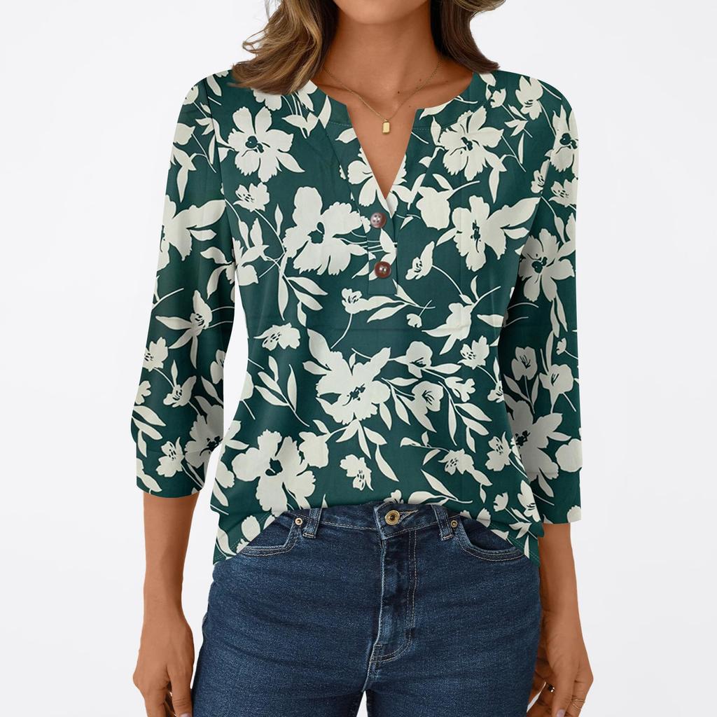 Женская модная повседневная футболка с рукавом 3/4, с принтами, V-образным вырезом и пуговицами