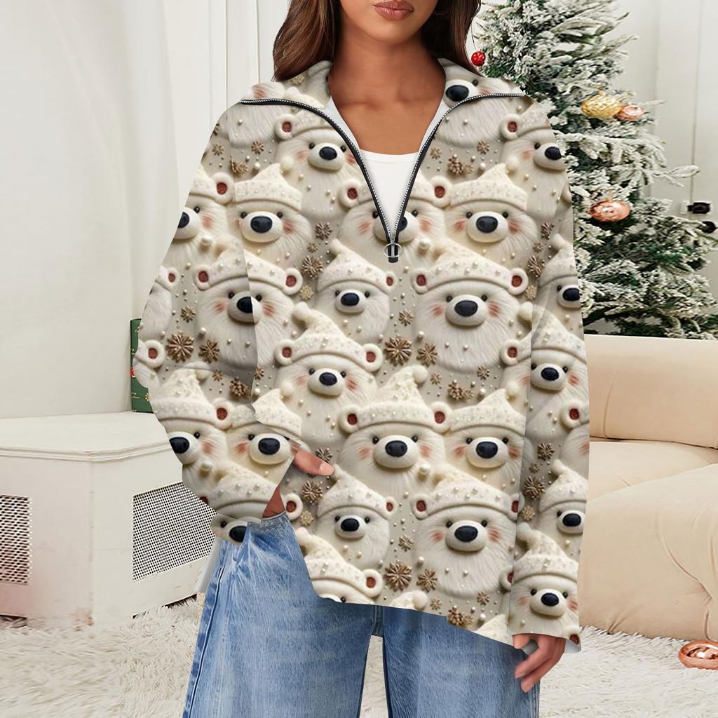 Женский повседневный свитер с полумолнией и лацканами со снежинками и разрезом сверху по бокам, модная одежда