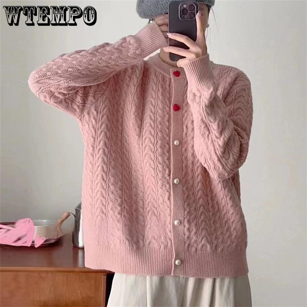 Autumn and Winter Women's Sweater Round Neck Love Button Fried Dough Twists Knitted Cardigan