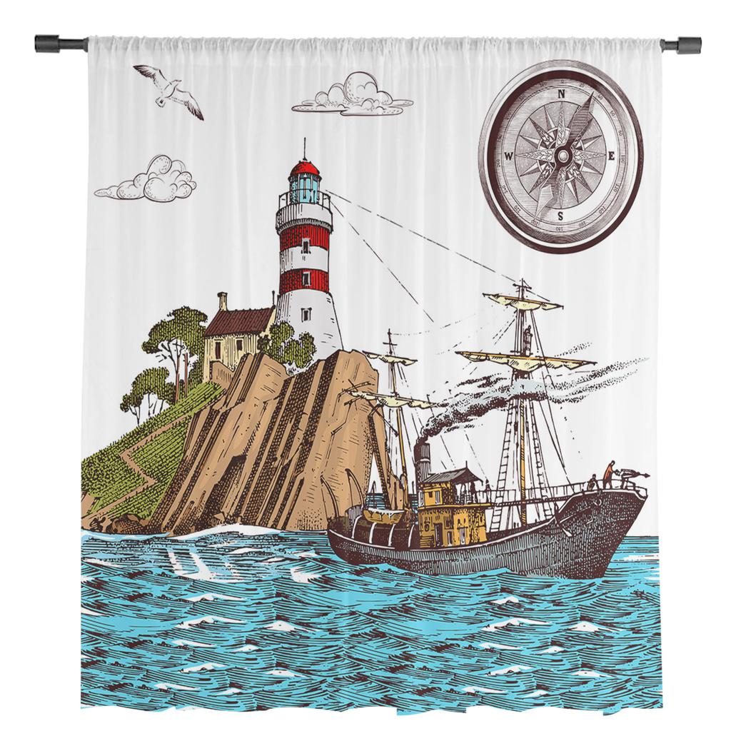 Retro Illustration Lighthouse Sailing Ship Sheer Curtains for Living Room Decor Window Curtains Kitchen Tulle Voile Curtains