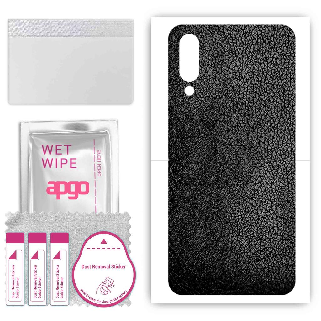 apgo Protective Skin Sticker for the Back Compatible with Xiaomi Mi 9 Explorer, Wrap Film, Foil, Vinyl - Pattern Black Leather