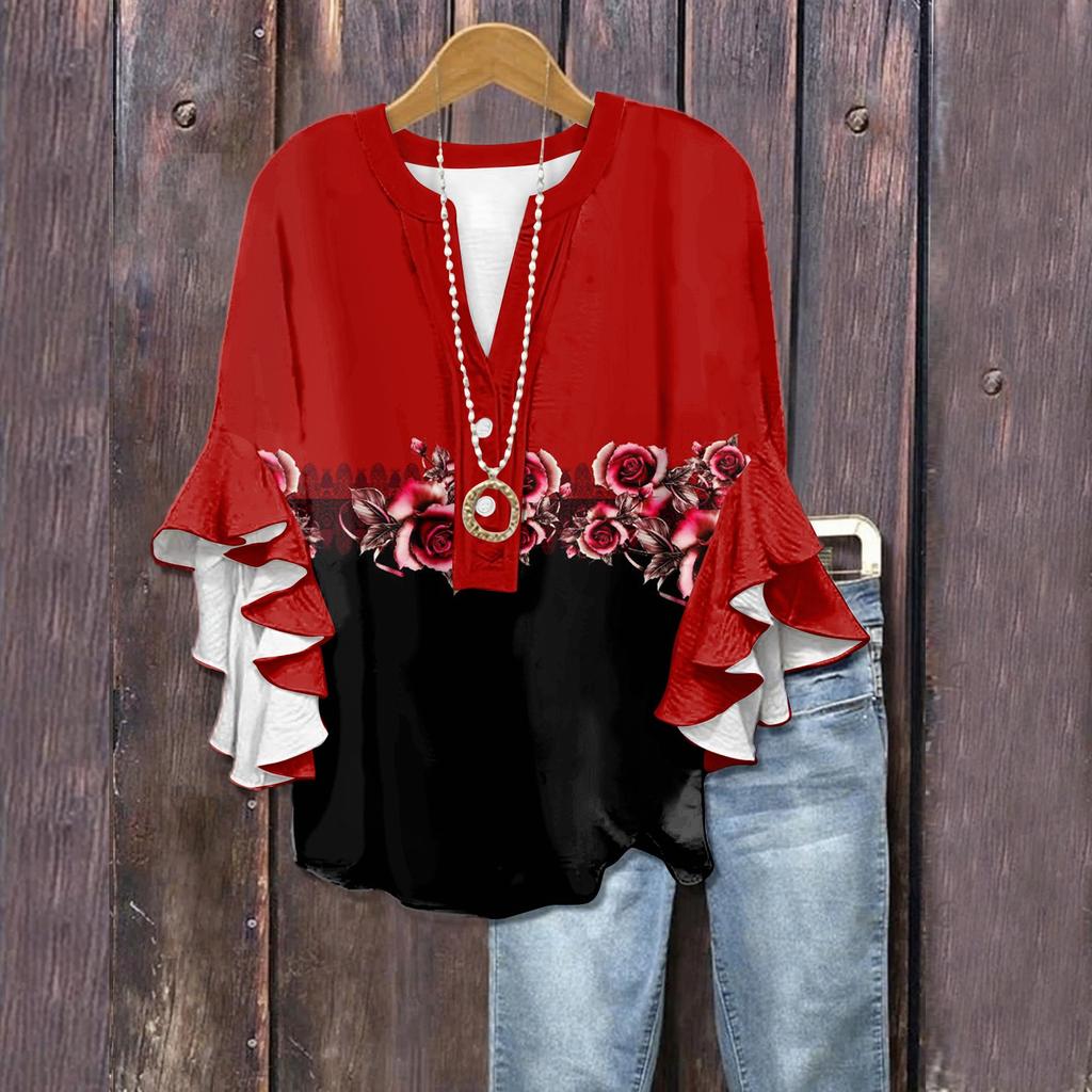 Летние топы для женщин Милые блузки с V-образным вырезом и рукавом 3/4 Принтованный топ Повседневные рубашки