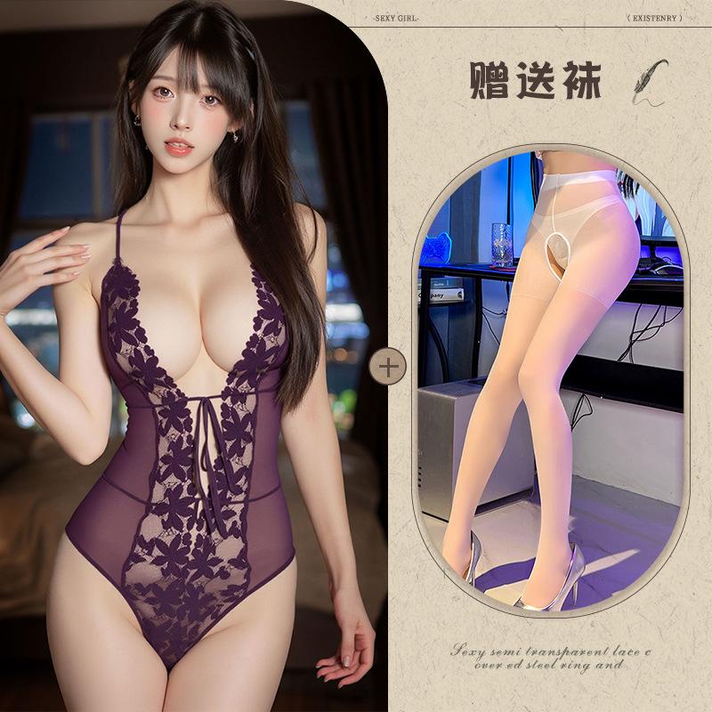 Sexy Lace Suspender Deep V Sex Underwear Lace-Up Perspective Hollow Mesh onesie