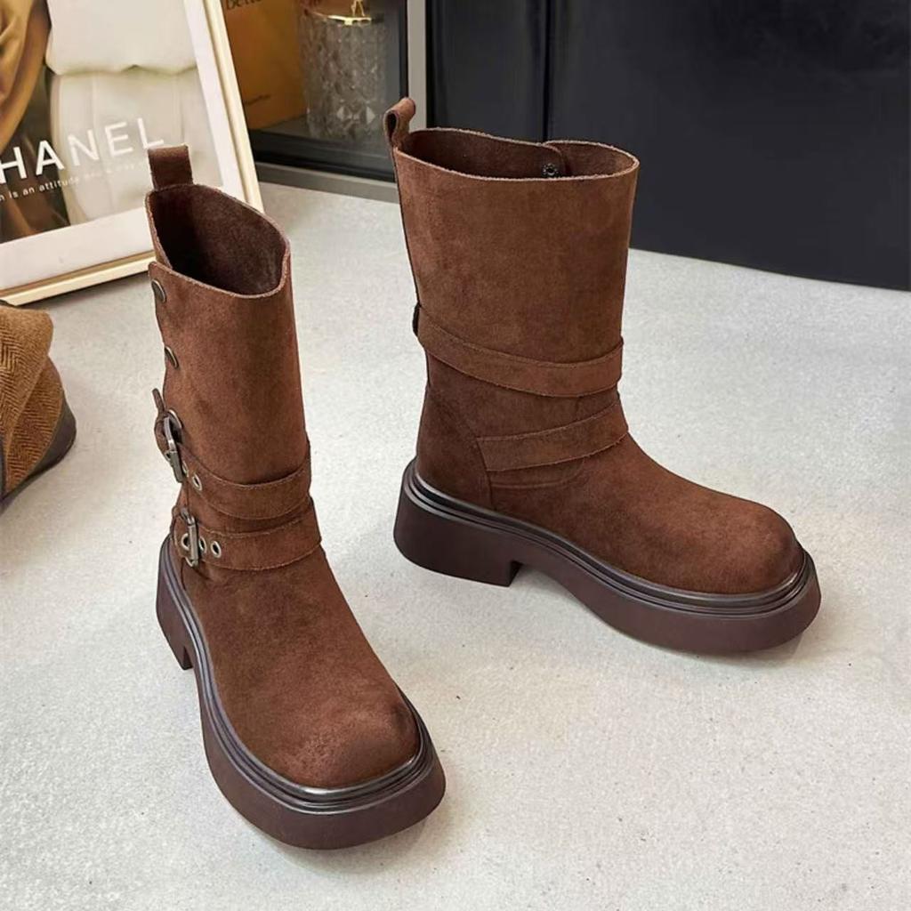 Vintage Western Cowboy Boots Wasteland Wind Grey Straight Thick Heel Fashion Boots Medium High Martin Boots Women