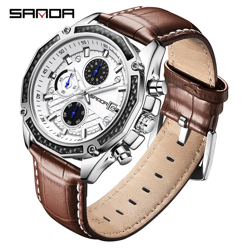 SANDA 5301 Business Men's Quartz Watch Three Eye Six Needle Chronograph Calendar Night Light Waterproof Men's Quartz Watch