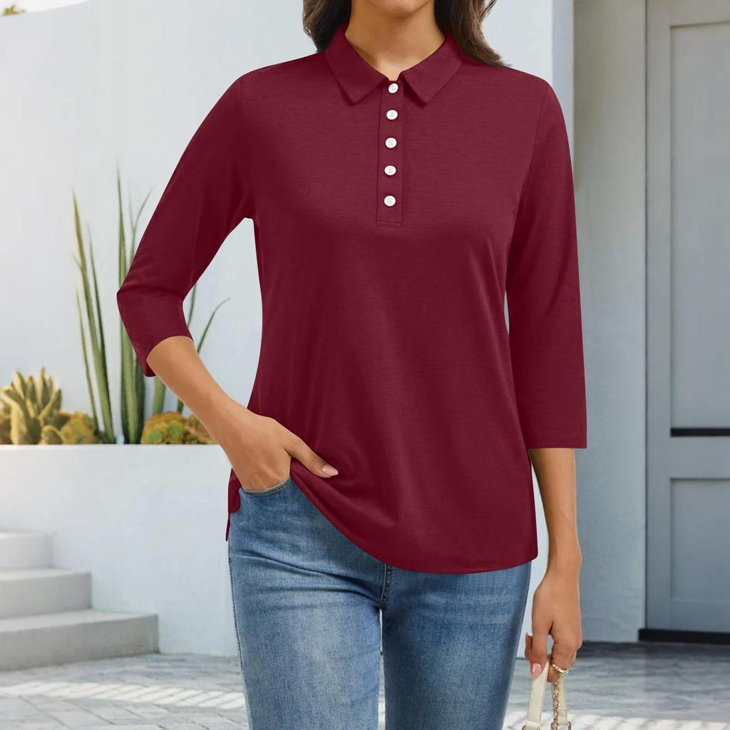 Women's Fashion Casual Lapel Short 3/4 Sleeve Solid Color Shirt Women's Button Up Tops