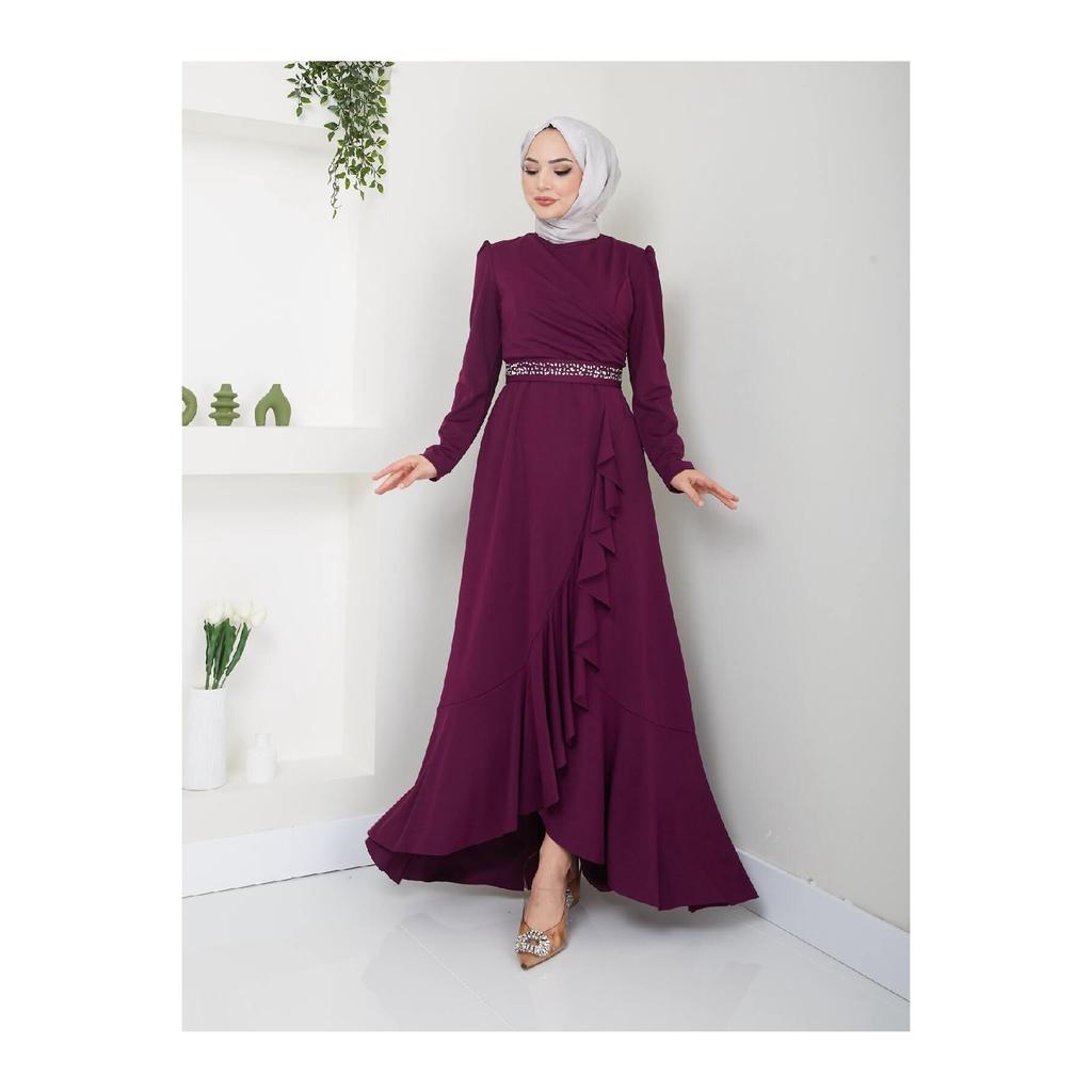 Women's Clothing Evening Dress Fashion Skirt Flounced Belt Stoned Hijab Evening Dress 2497 Black