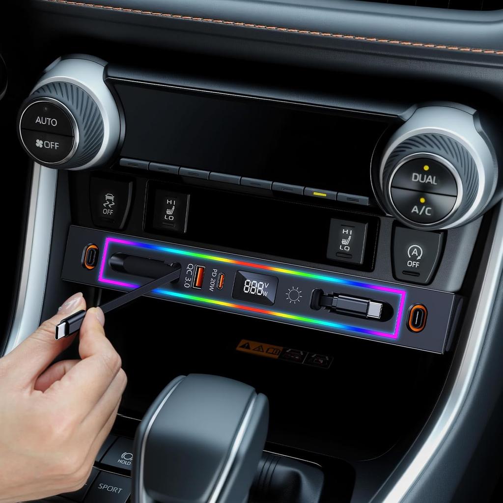 For Toyota RAV4 Car Charger USB Hub With RGB Light, 4-Port Retractable Docking Station For Toyota RAV4 Accessories 2025 2024 , Center Console