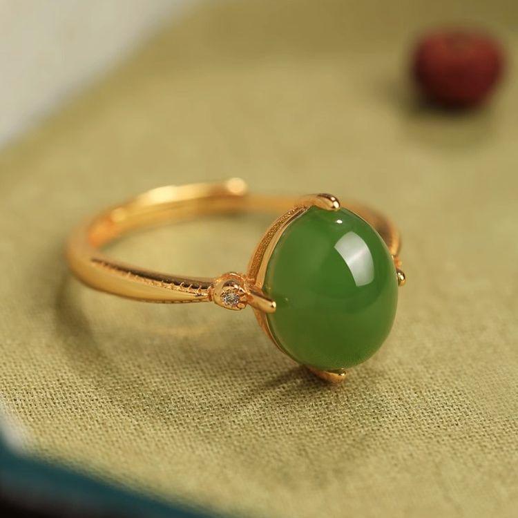 18k Gold Plated Adjustable Jade Ring for Women - High-End Hetian Jade Design for Index Finger