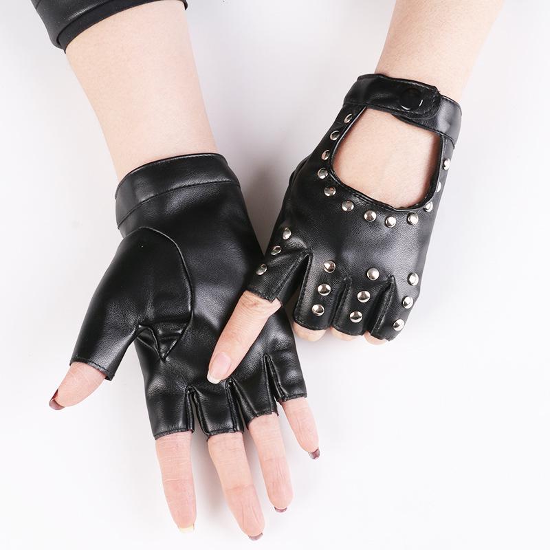 Women's Half-Finger PU Cyberpunk Motorcycle Gloves with Rivet Design for Dance and Nightclub